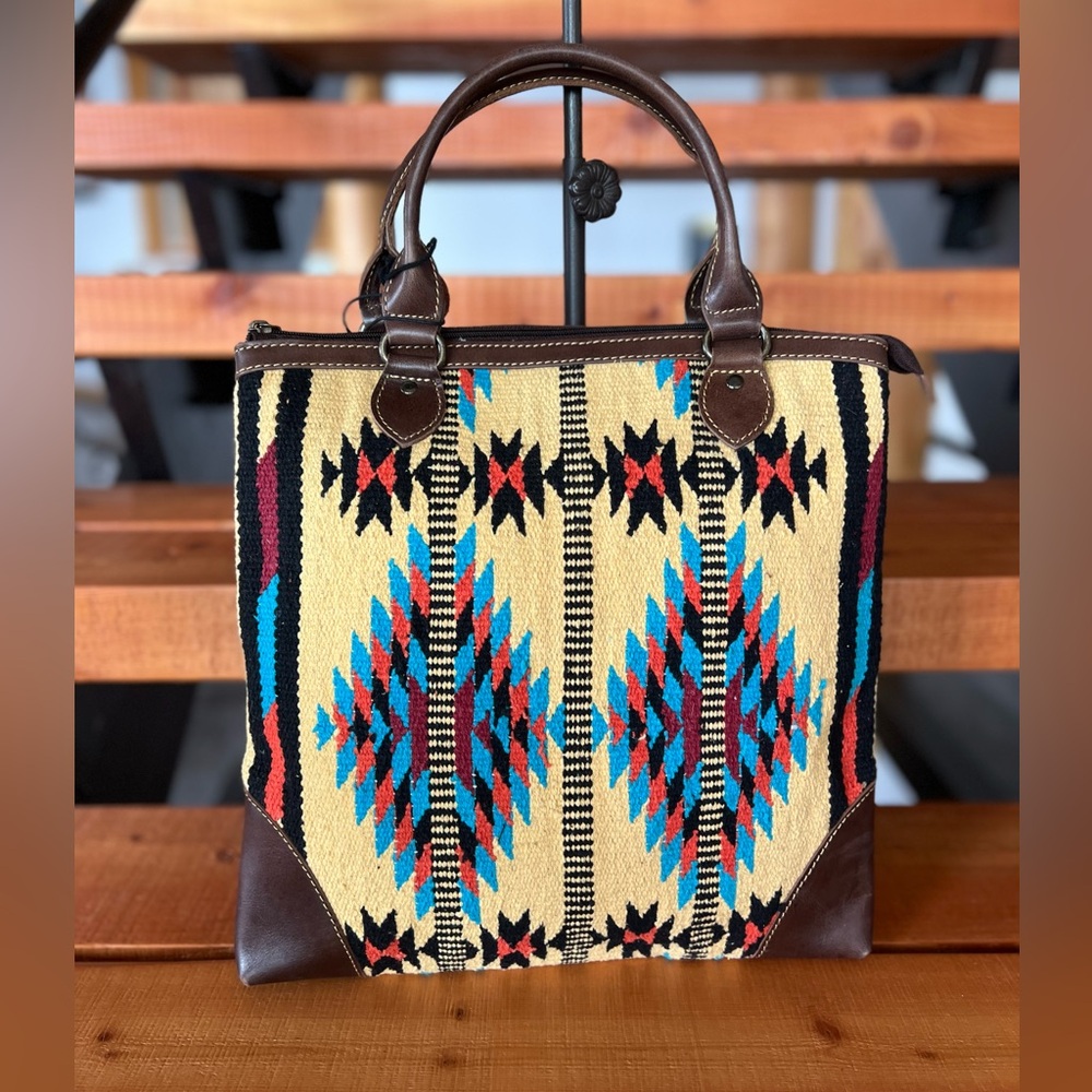 New Myra Bag Woven Rug Leather Tote Handbag Red Yellow Tribal Aztec Western - Picture 4 of 8